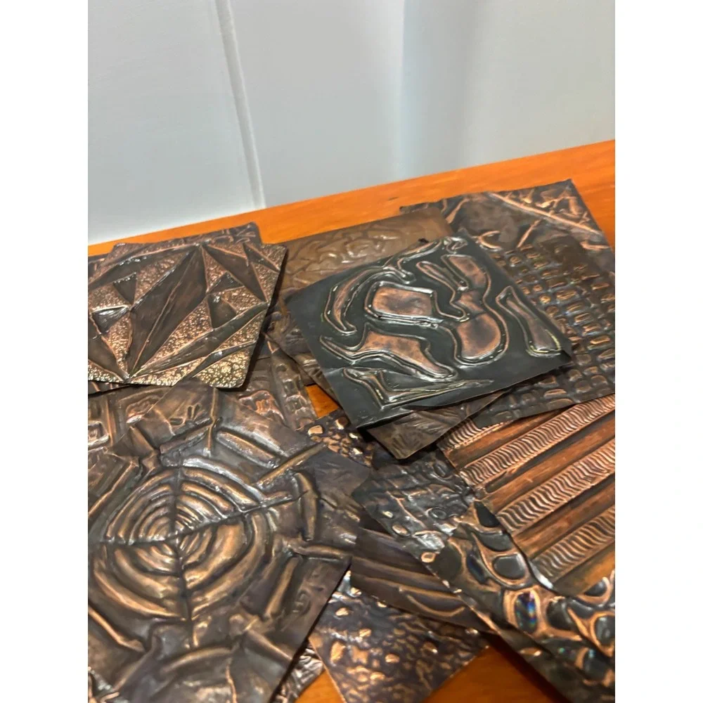 Vintage Handmade Copper Repousse Tiles Lot 18 Count 4x4 Abstract Art Supplies